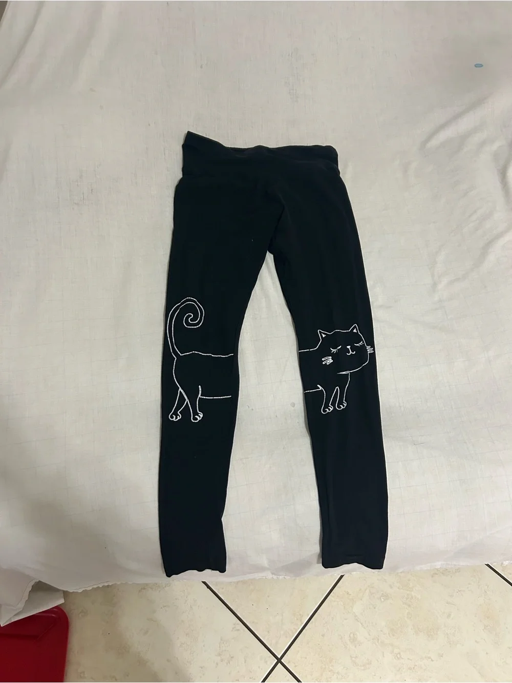Justice Black Leggings with White Cat Knee Art